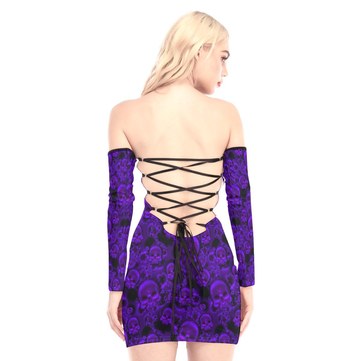 Purple Heart Skull Off-shoulder Back Lace-up Dress - Wonder Skull