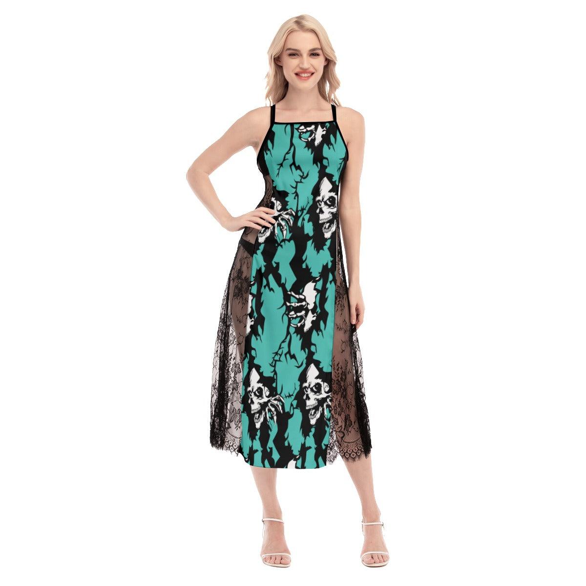Hot Crack Skull Cyan Lace Cami Cross Back Women Dress - Wonder Skull