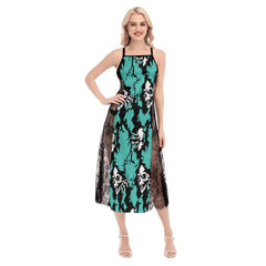 Hot Crack Skull Cyan Lace Cami Cross Back Women Dress - Wonder Skull