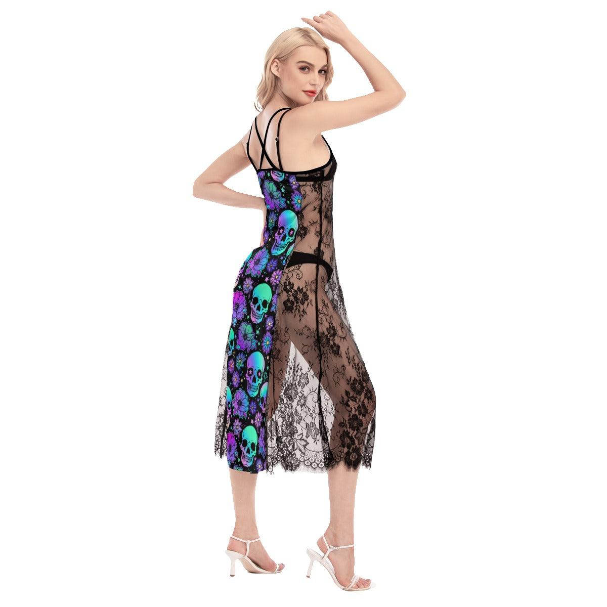 Colorful Gothic Skull Pattern Lace Cami Cross Back Women Dress - Wonder Skull