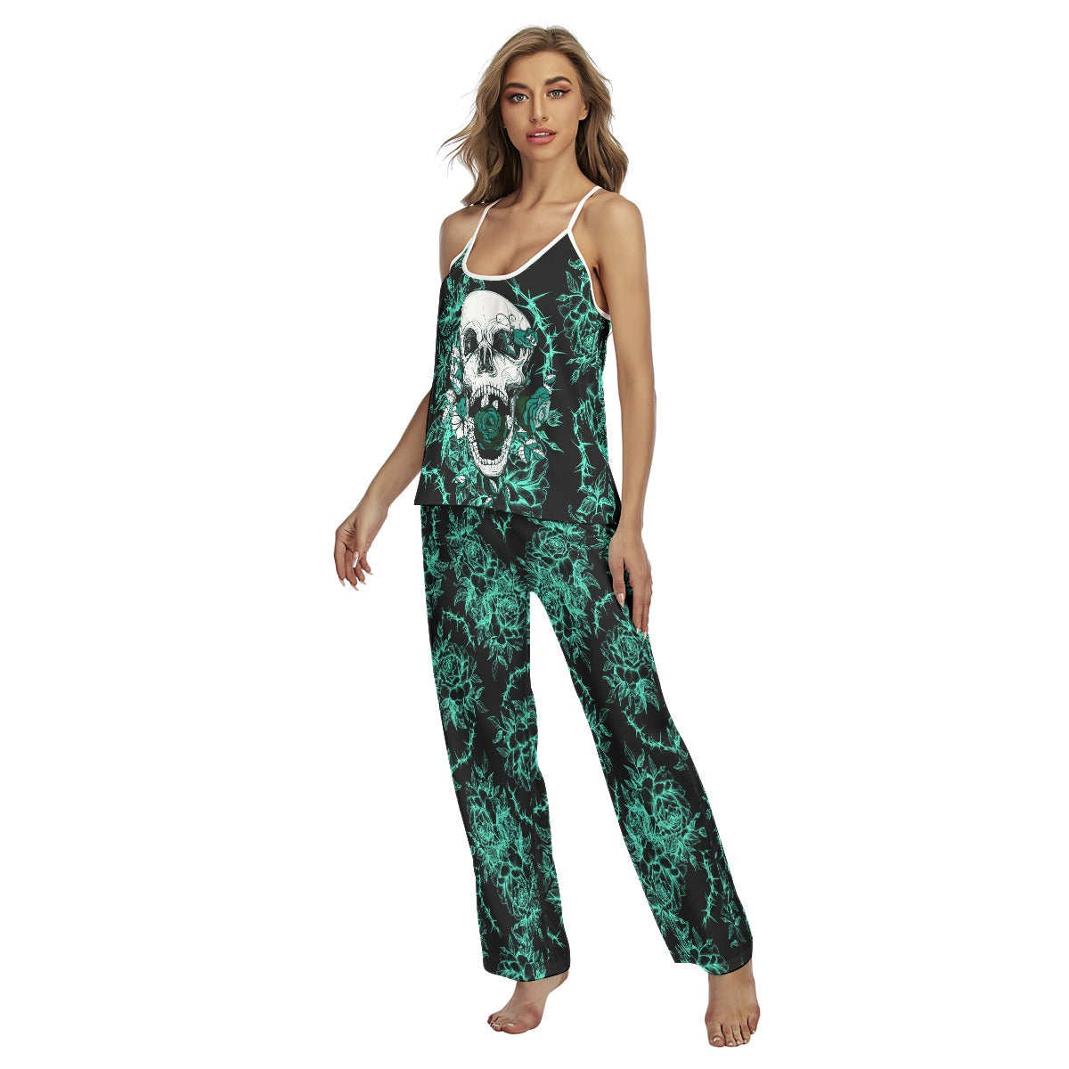 Green Skull Rose Cami Pajamas Sets For Women Sleepwears Combo - Wonder Skull