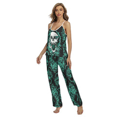 Green Skull Rose Cami Pajamas Sets For Women Sleepwears Combo - Wonder Skull