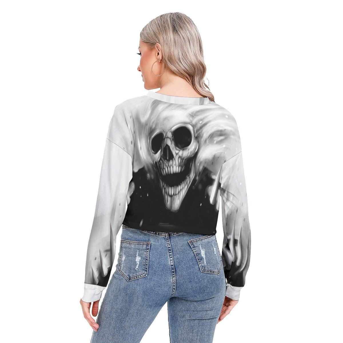 Skull Ghost Long Sleeve Sweatshirt With Hem Drawstring - Wonder Skull