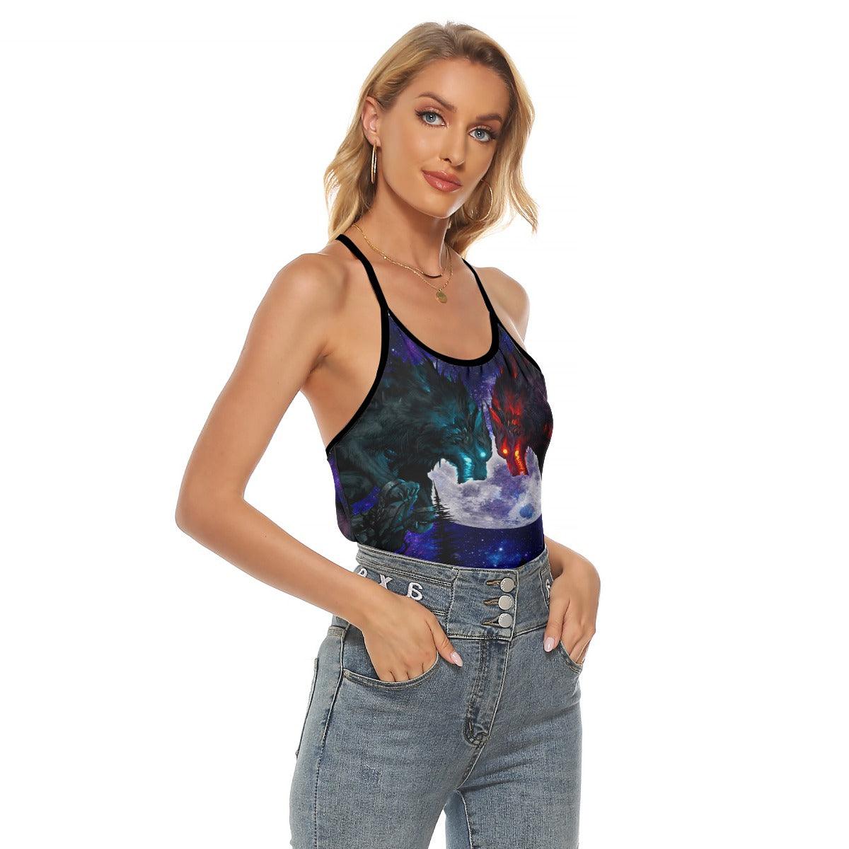 Wolves Fighter Criss-Cross Open Back Tank Top, Hot T-Shirt For Women - Wonder Skull