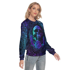 Purple Mandala Skull Rose Slim Round Neck Sweatshirt - Wonder Skull