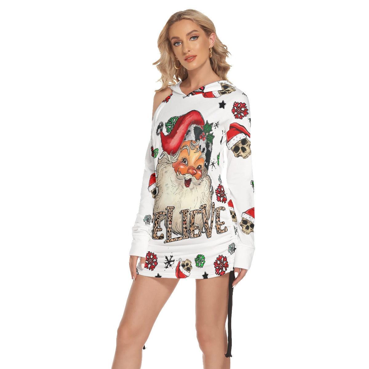 Christmas Skull Santa Claus Snowy Print Open Shoulder Dress - Wonder Skull
