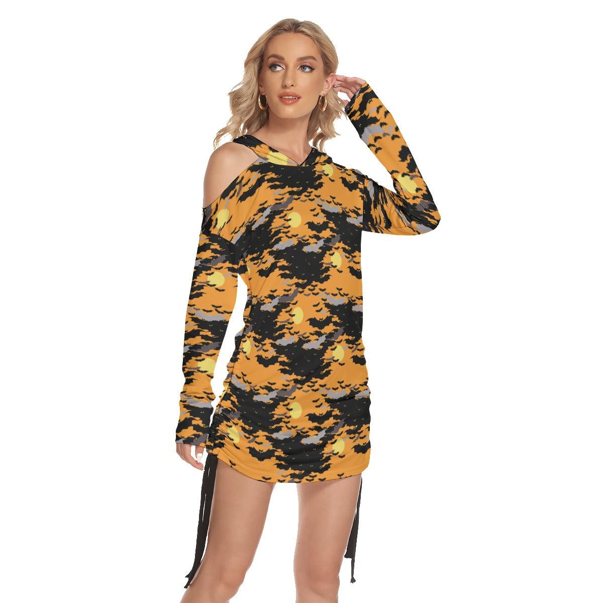 Halloween Bat Crowded All Over Print Women One Shoulder Dress With Waist Shirring, Long Hoodie For Women -Wonder Skull