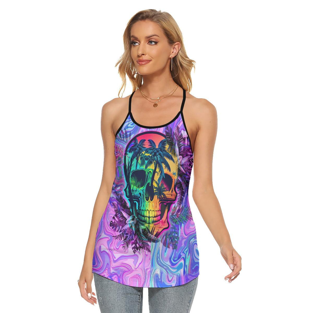Tropical Skull Gothic 3D Criss-Cross Open Back Tank Top - Wonder Skull