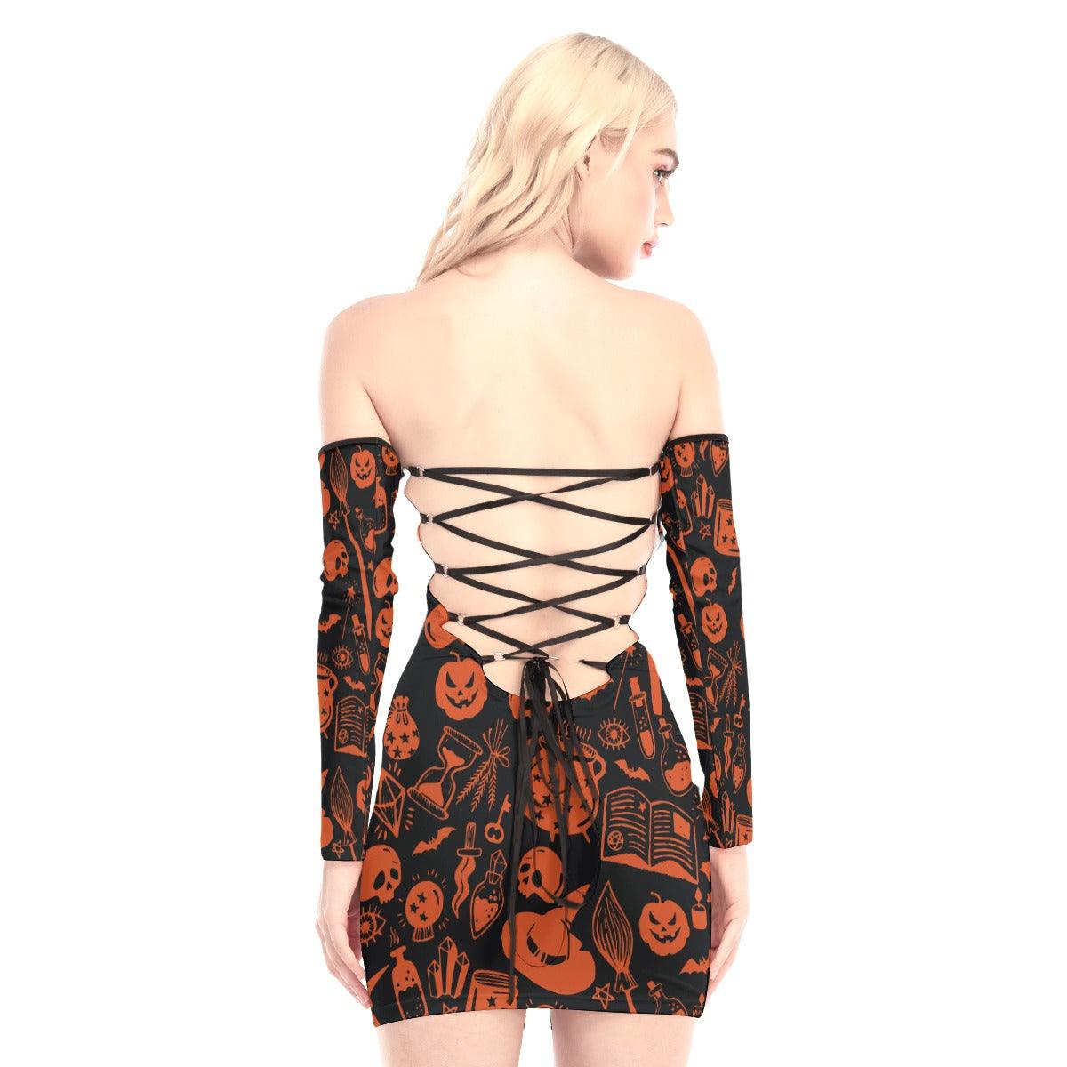 Halloween Pattern Off-shoulder Back Lace-up Dress - Wonder Skull