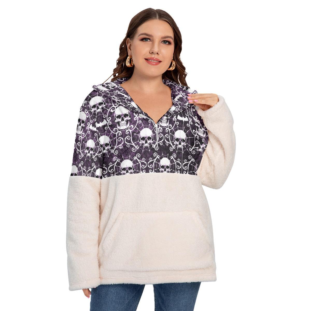 Gothic Skull Bat Borg Fleece Hoodie With Half Zip - Wonder Skull