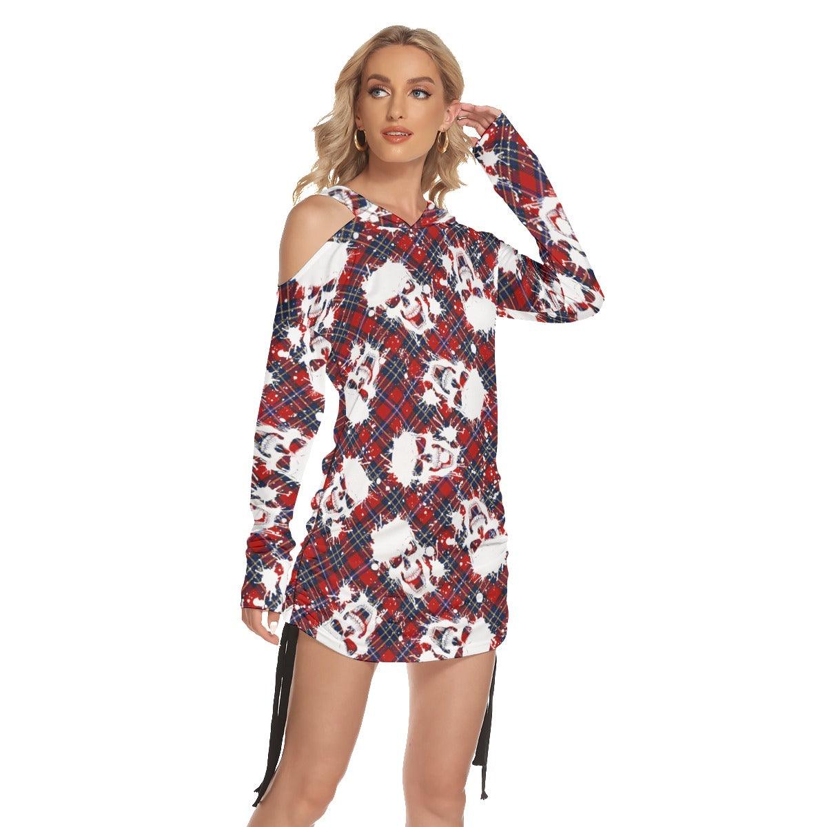 Christmas Red White Water Pot Skull Print Open Shoulder Dress - Wonder Skull