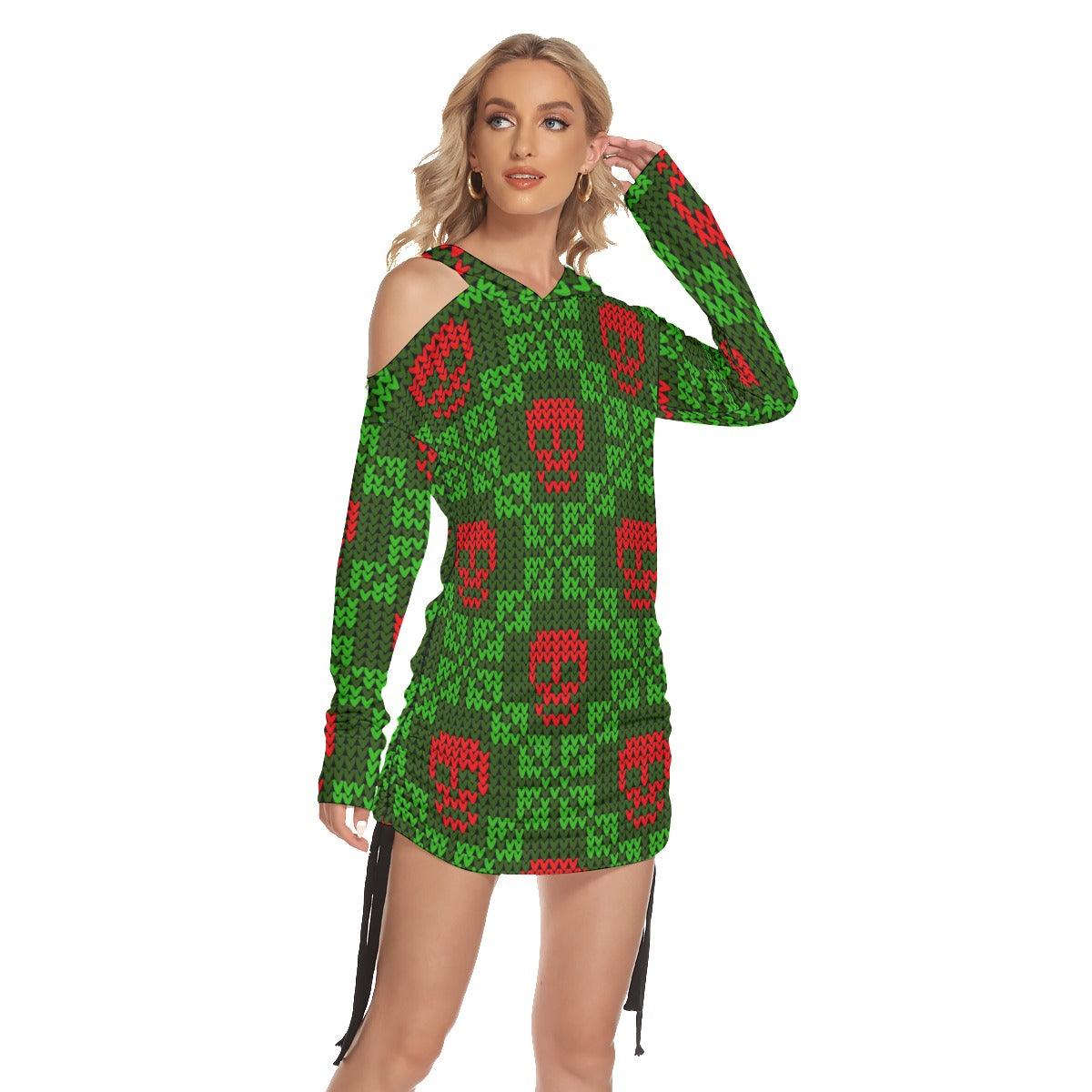Christmas Green Red Skull Pattern Print Open Shoulder Dress - Wonder Skull