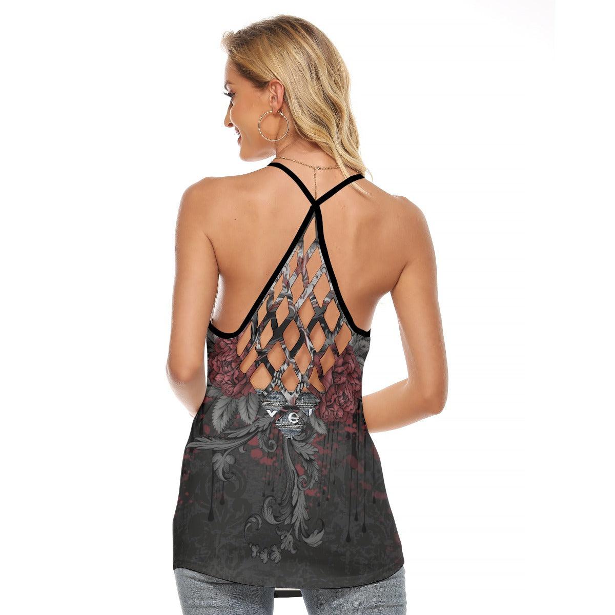 Dark Gothic Skull Rose Criss-Cross Open Back Tank Top, Coolest T-Shirt For Women - Wonder Skull