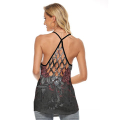 Dark Gothic Skull Rose Criss-Cross Open Back Tank Top, Coolest T-Shirt For Women - Wonder Skull