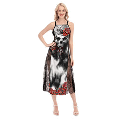Hot Gothic Skull Rose Lace Cami Cross Back Women Dress - Wonder Skull