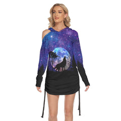 Night Moon Wolf All Over Print Women One Shoulder Dress With Waist Shirring, Long Hoodie For Women - Wonder Skull
