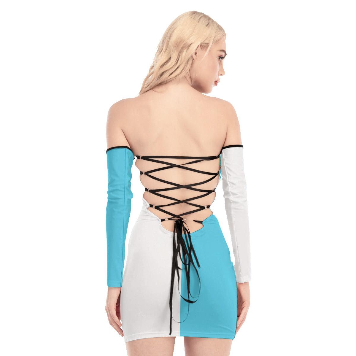 Nightmare Half Blue Half White Off-shoulder Back Lace-up Dress - Wonder Skull