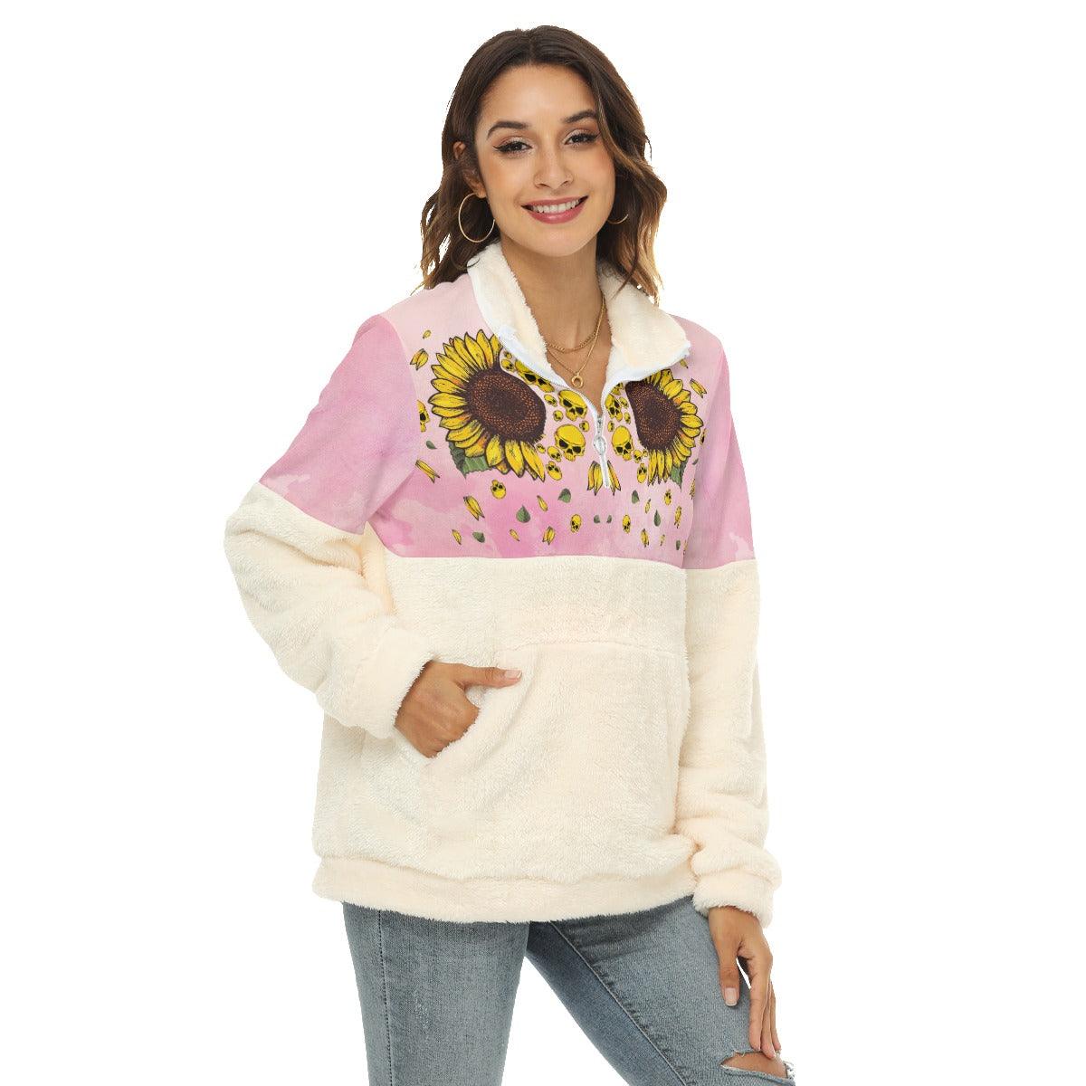 Sunflower Skull Fleece Sweatshirt With Half Zip - Wonder Skull