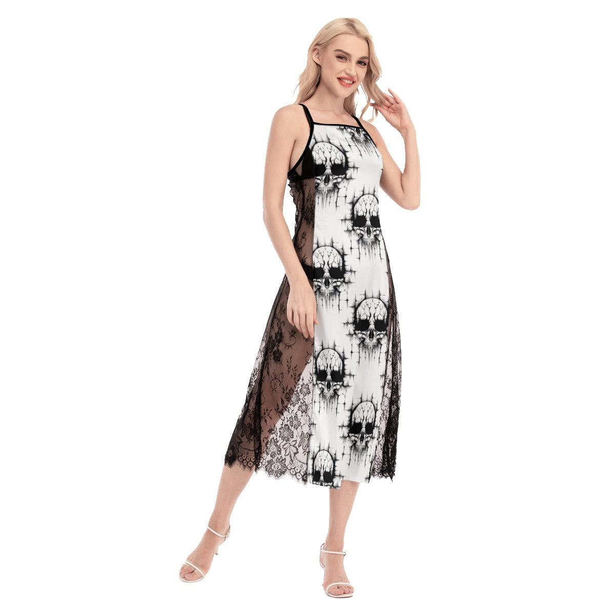 Black Gothic Skull Pattern Lace Cami Cross Back Women Dress - Wonder Skull