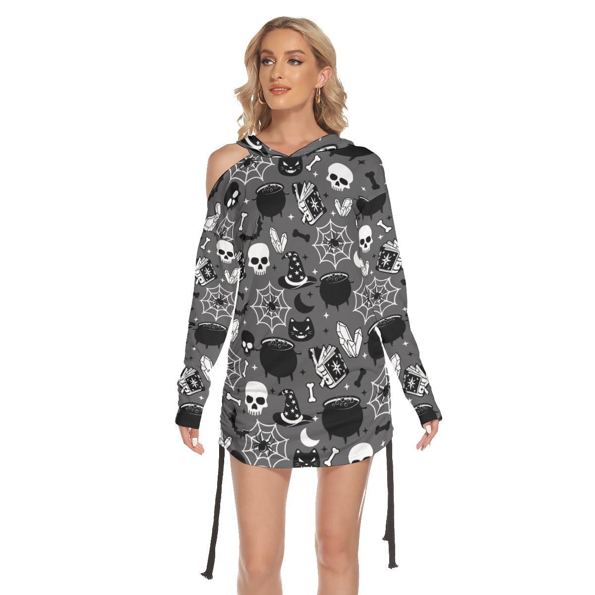 Halloween Skull Bat All-Over Print Women One Shoulder Dress With Waist Shirring, Hot Long Hoodie For Women - Wonder Skull