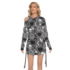 Halloween Skull Bat All-Over Print Women One Shoulder Dress With Waist Shirring, Hot Long Hoodie For Women - Wonder Skull