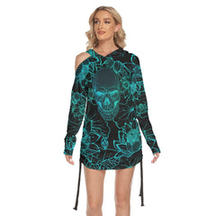 Lotus Pattern Skull Print Open Shoulder Dress - Wonder Skull