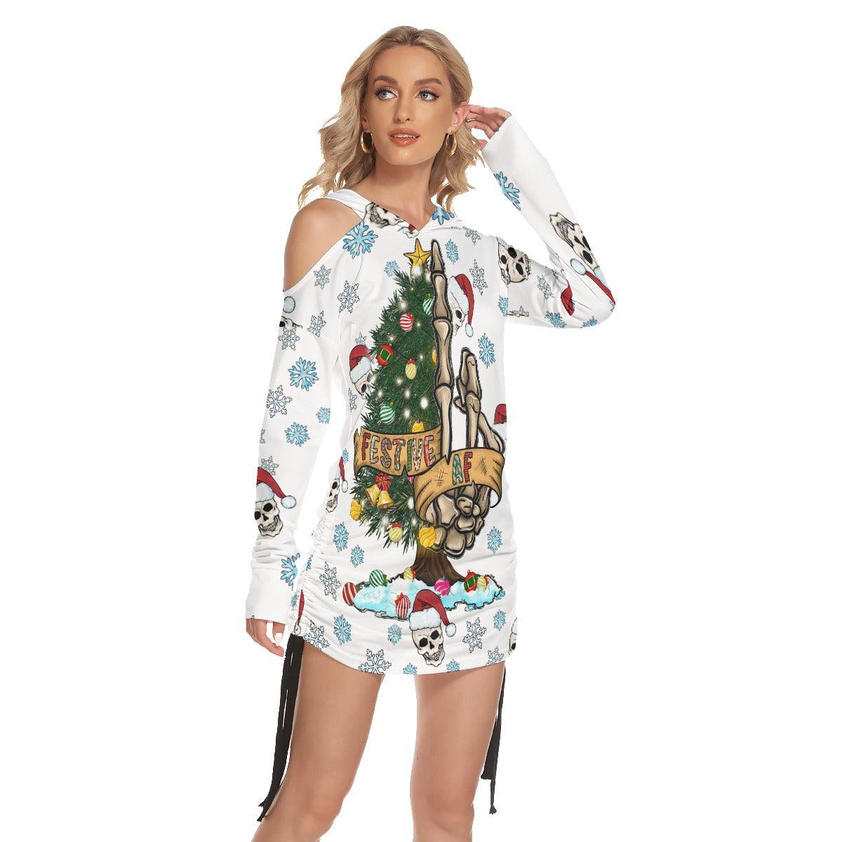 Christmas Skeleton Hand Snowy Print Open Shoulder Dress - Wonder Skull