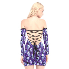 Purple Flower Skull Off-shoulder Back Lace-up Dress - Wonder Skull