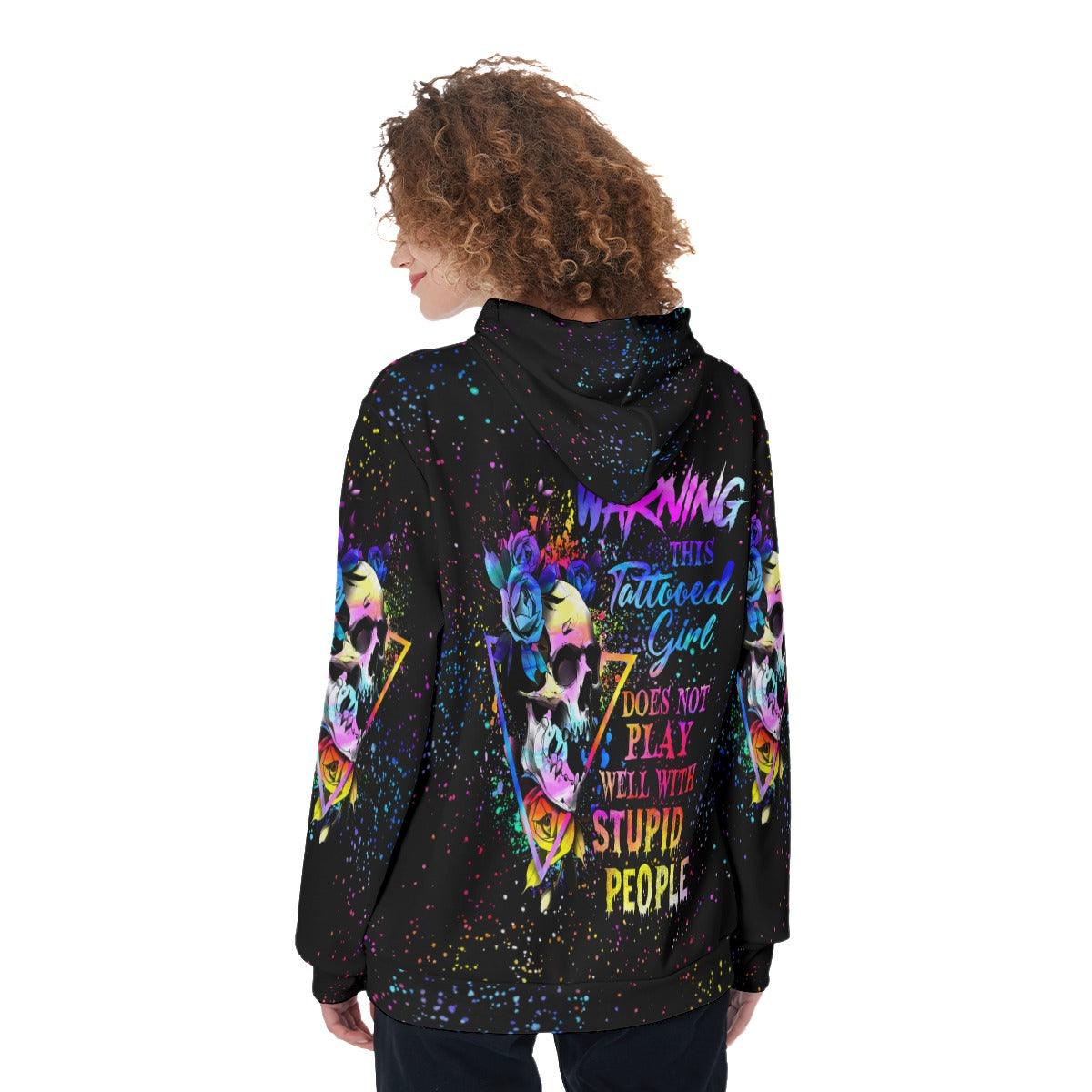 Warning This Tattooed Girl Colorful Skull Funny Hoodie For Women - Wonder Skull
