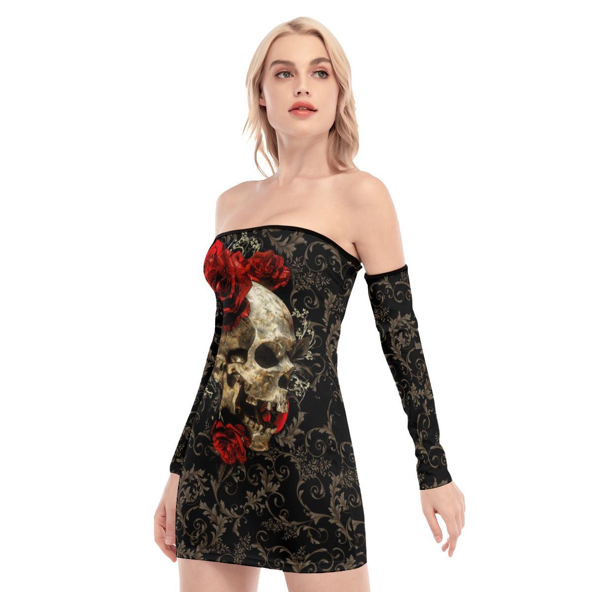 Skull Pattern Rose Off-shoulder Back Lace-up Dress - Wonder Skull