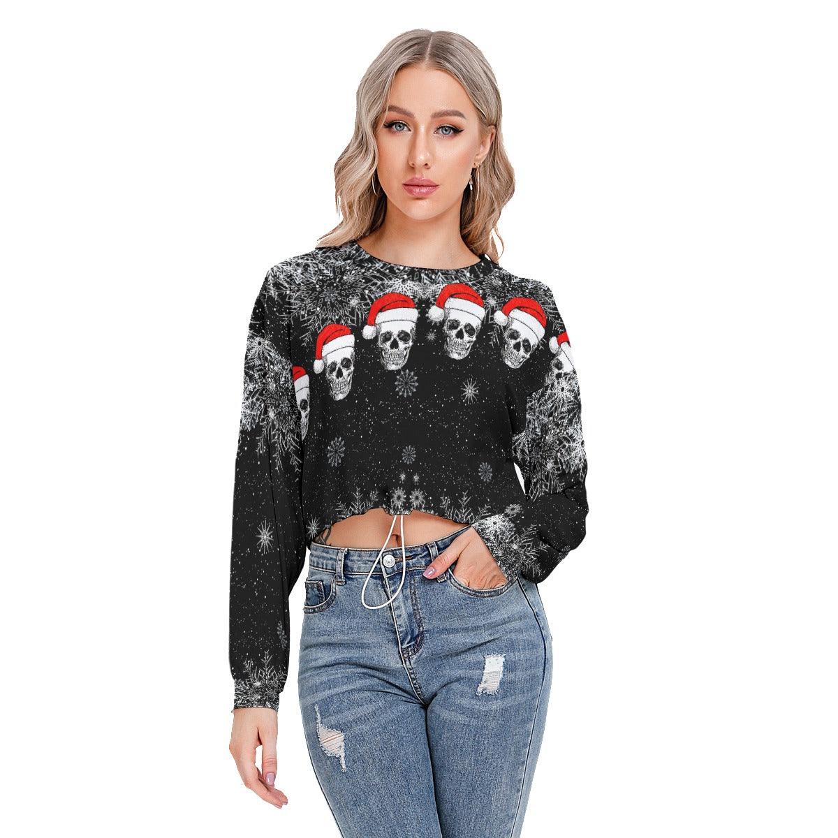 Black Skull Snowflake Sleeve Sweatshirt With Hem Drawstring - Wonder Skull