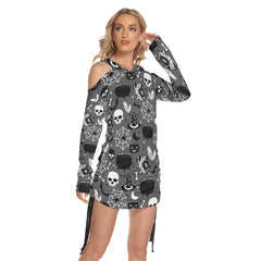 Halloween Skull Bat All-Over Print Women One Shoulder Dress With Waist Shirring, Hot Long Hoodie For Women - Wonder Skull