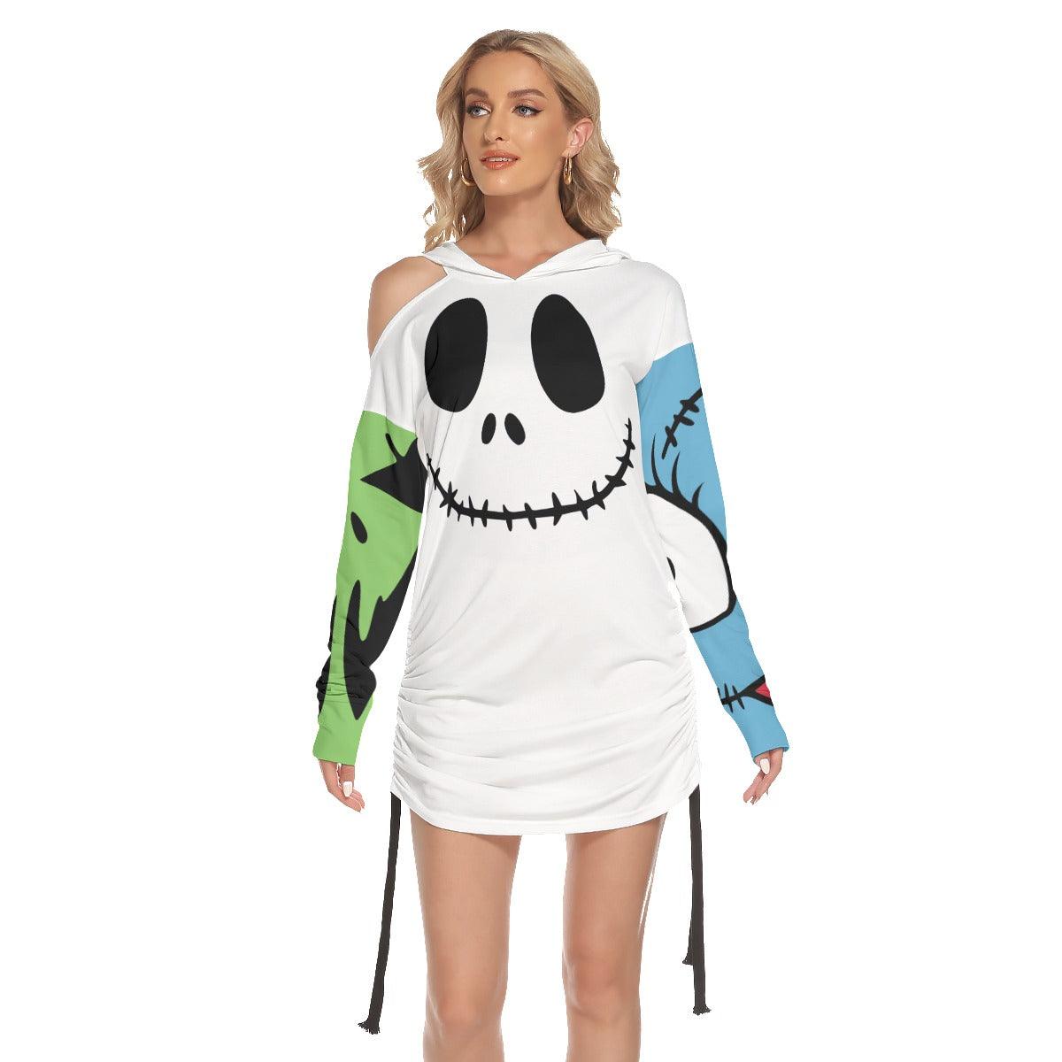 Nightmare Smile Open Shoulder Dress Hoodie - Wonder Skull