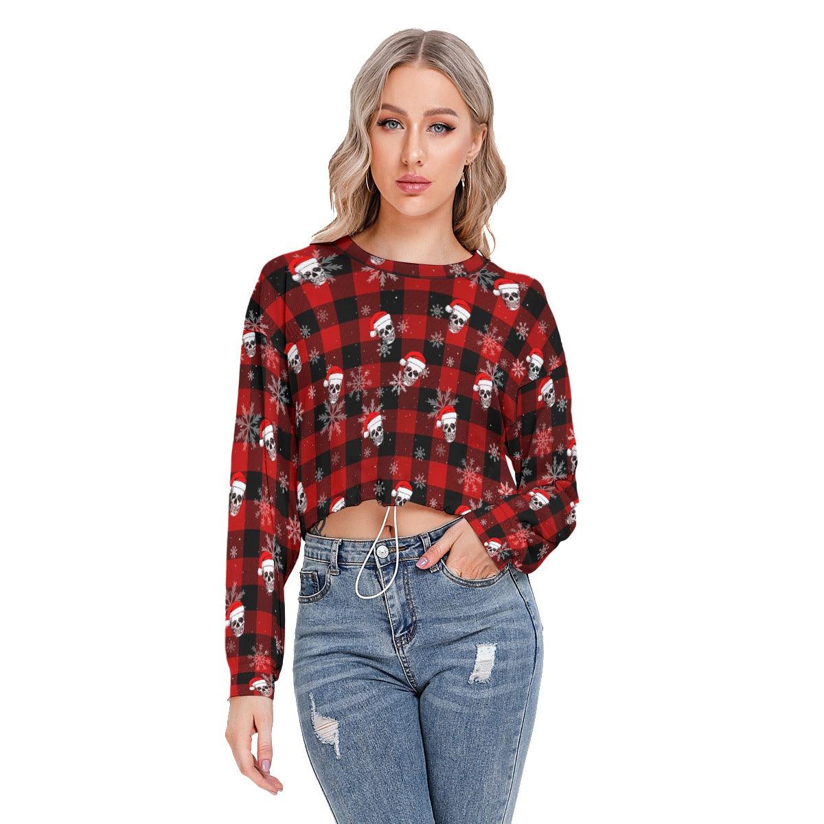 Skull Buffalo Plaid Sleeve Sweatshirt With Hem Drawstring - Wonder Skull