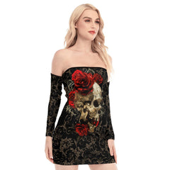 Skull Pattern Rose Off-shoulder Back Lace-up Dress - Wonder Skull