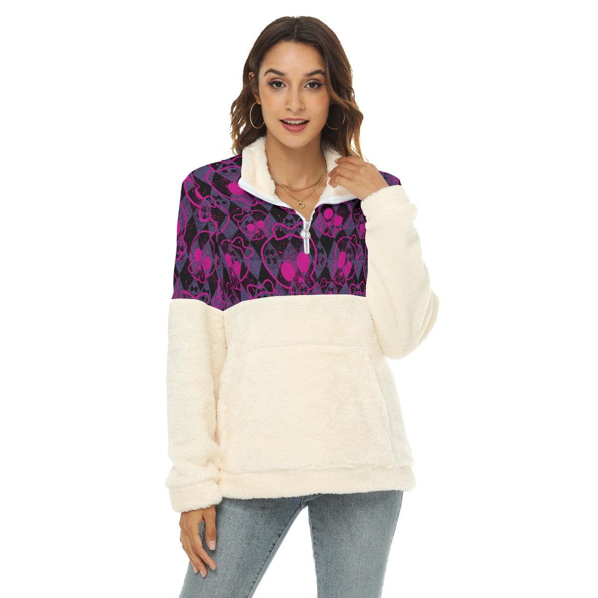 Pink Neon Skull Fleece Sweatshirt With Half Zip - Wonder Skull
