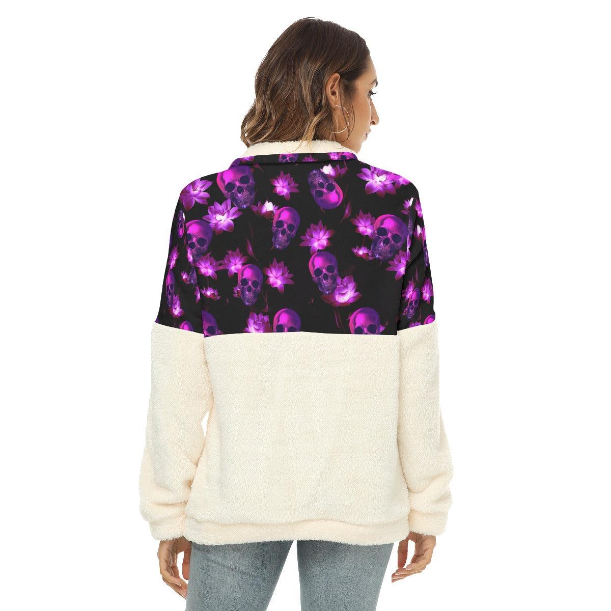 Neon Skull Flower Borg Fleece Sweatshirt With Half Zip - Wonder Skull