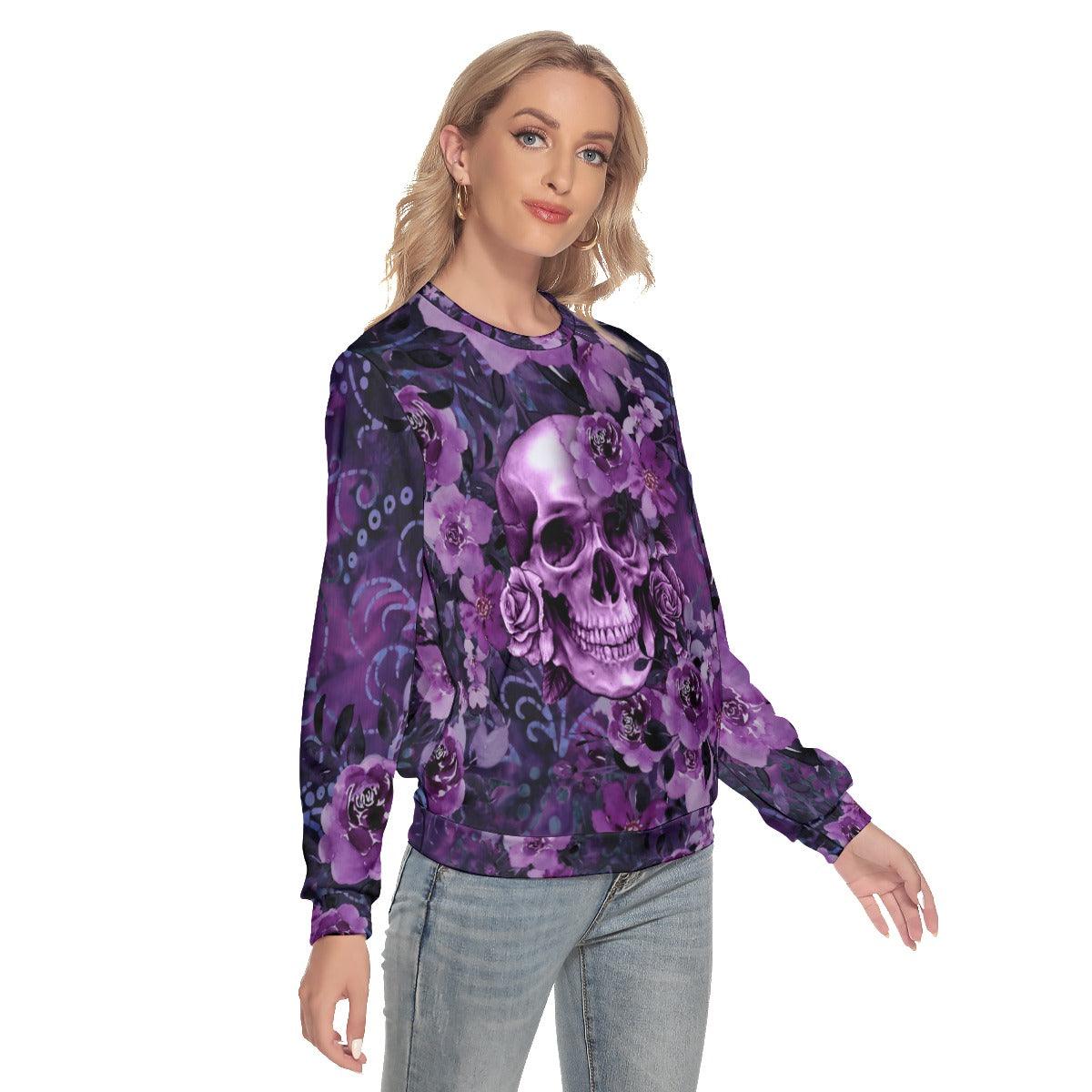 Purple Skull And Flowers Slim Round Neck Sweatshirt - Wonder Skull