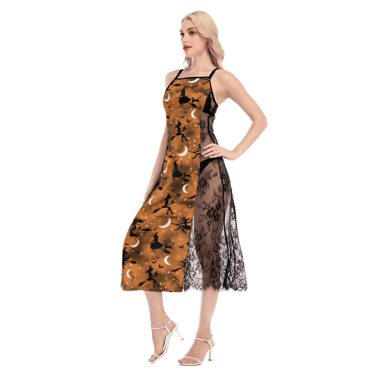 Halloween Witchy Moon All-Over Print Women Lace Cami Cross Back Dress, Gorgeous Nightgown - Wonder Skull