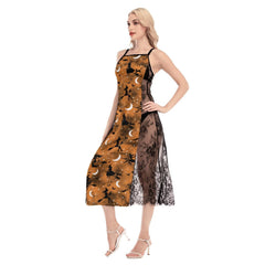 Halloween Witchy Moon All-Over Print Women Lace Cami Cross Back Dress, Gorgeous Nightgown - Wonder Skull