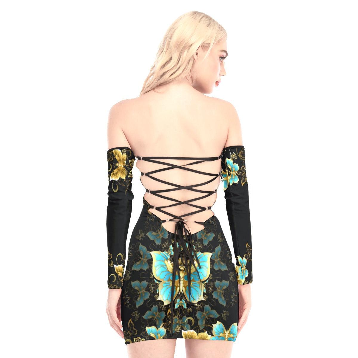 Gold Queen Butterfly Off-shoulder Back Lace-up Dress - Wonder Skull