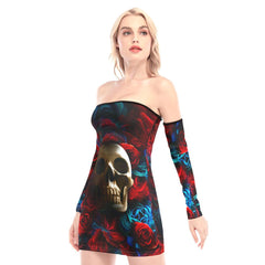 Blue And Red Roses Off-shoulder Back Lace-up Dress - Wonder Skull
