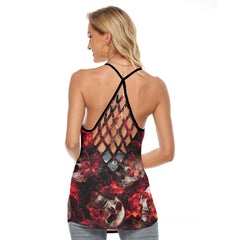 Red Electric Skull Artwork Hand Criss-Cross Open Back Tank Top, Trending T-Shirt For Women - Wonder Skull