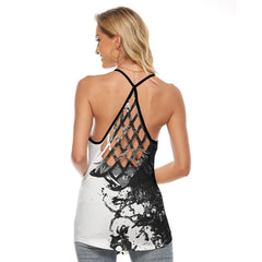 Attractive Wolf Artwork Hand Criss-Cross Open Back Tank Top, Hot T-Shirt For Women - Wonder Skull