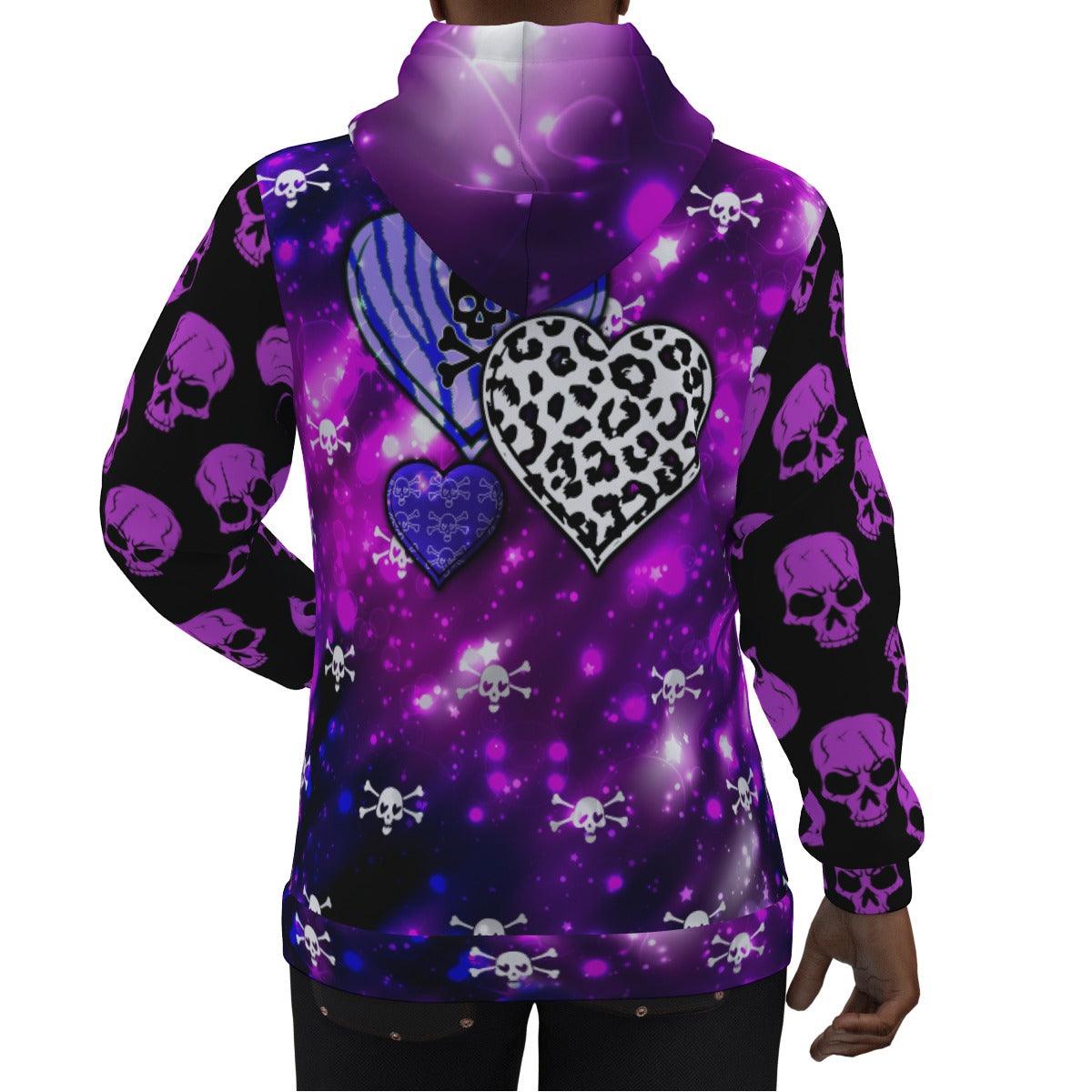 Violet White Skull Heart Print Unisex Pullover Hoodie-Wonder Skull