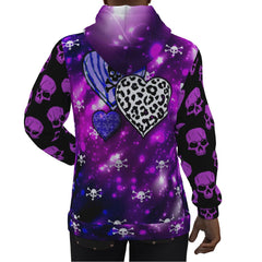Violet White Skull Heart Print Unisex Pullover Hoodie-Wonder Skull