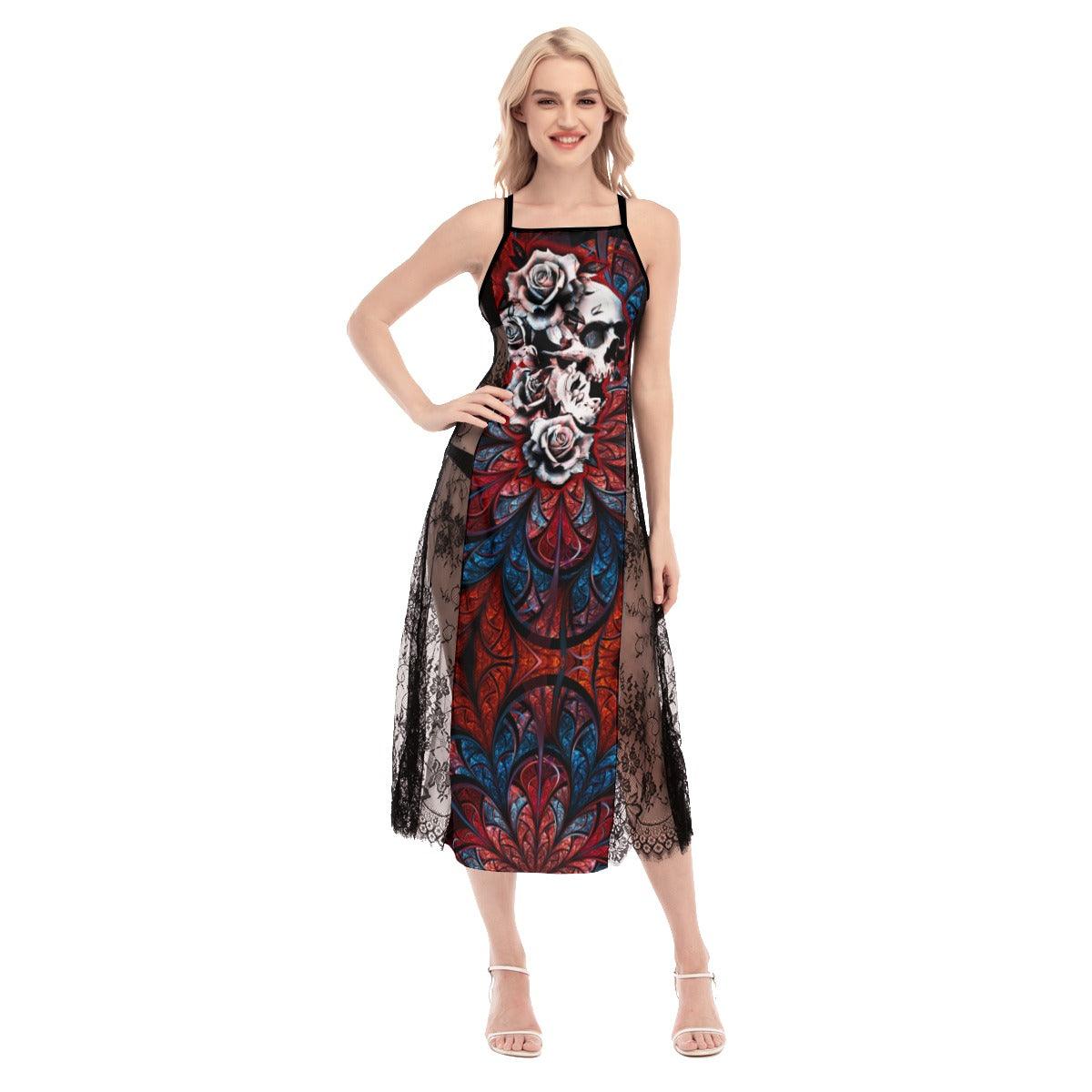 Skull Gothic Red Lace Cami Cross Back Women Dress - Wonder Skull