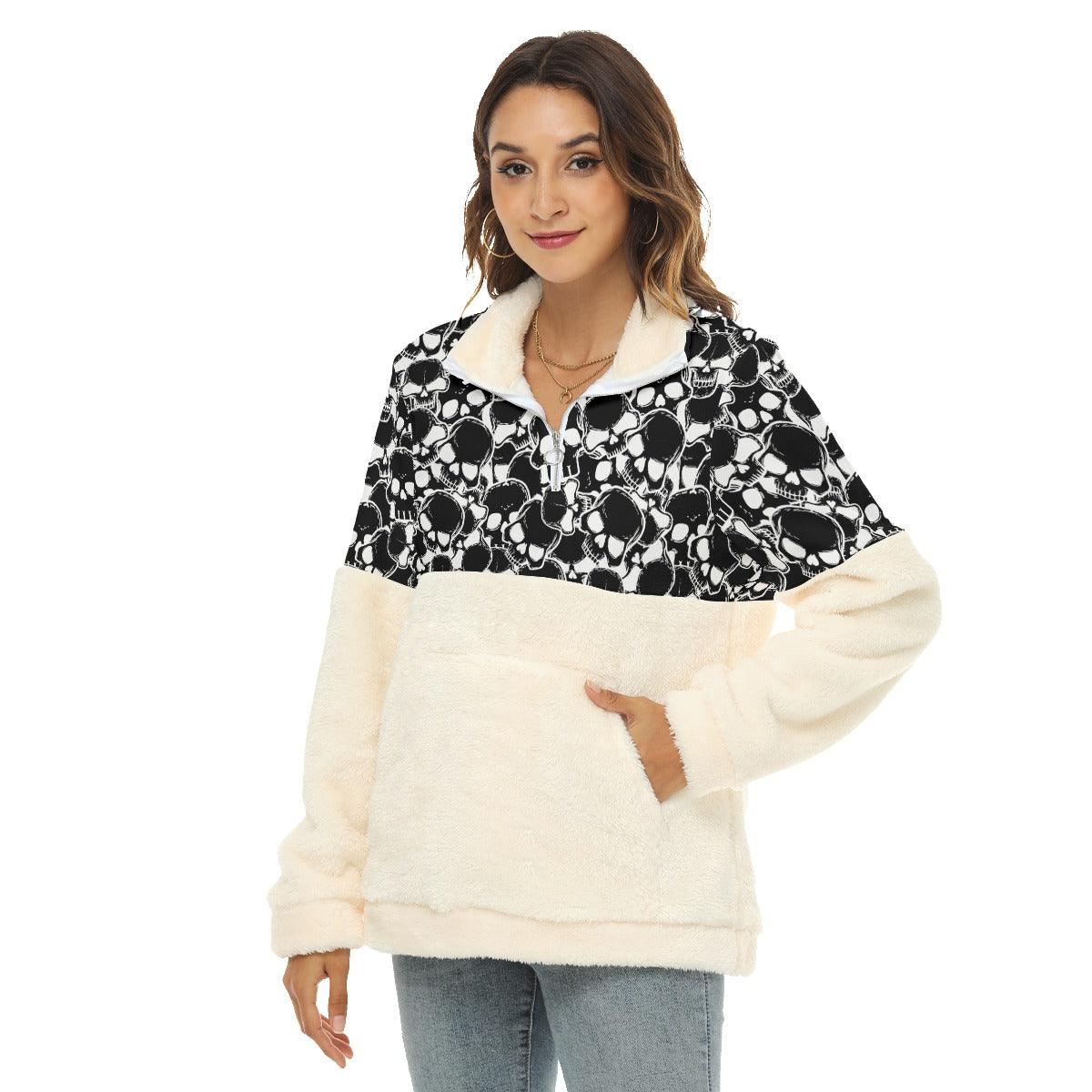 Black White Skull Borg Fleece Sweatshirt With Half Zip - Wonder Skull