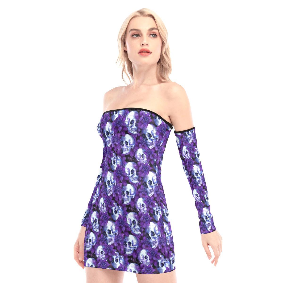 Purple Flower Skull Off-shoulder Back Lace-up Dress - Wonder Skull
