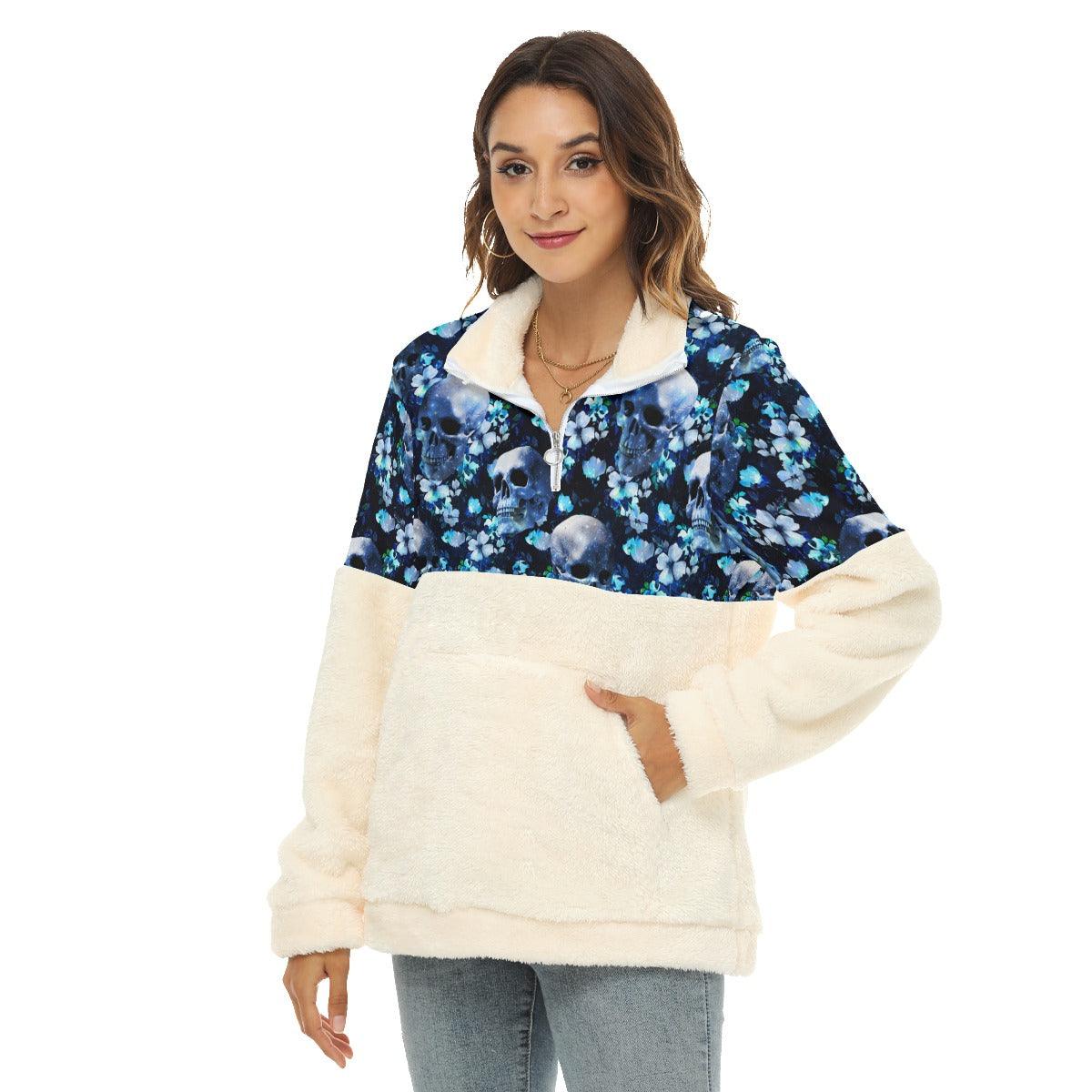 Crystal Skull Daisy Fleece Sweatshirt With Half Zip - Wonder Skull